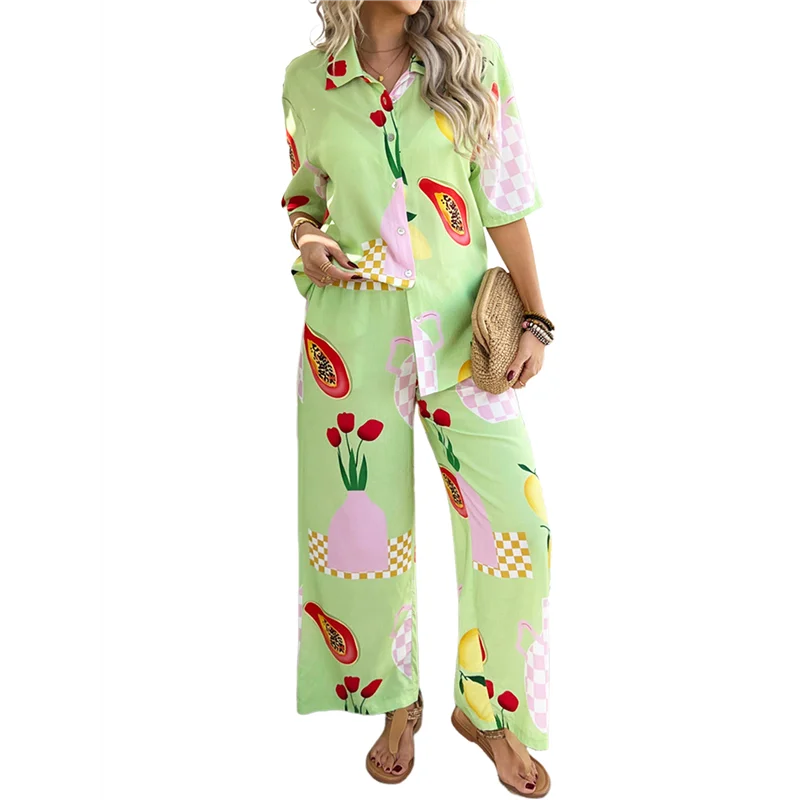 

AOAO-женская рубашка на пуговицах с короткими рукавами, топы с принтом, шорты для отдыха, летний пляжный спортивный костюм, комплект из 2 предметов