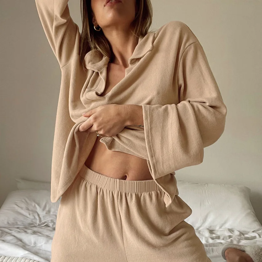 2023 Autumn New Pajamas Sets for Women Solid Lapel Long-sleeve Tops+Shorts 2Pcs Suit Cotton Comfortable Home Female Sleepwear