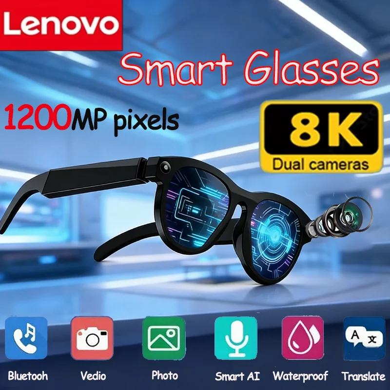 Lunettes Intelligentes Lenovo 8K AI Nouveauté 1200MP HD à Changement de Couleur, Caméra de Traduction Chat GPT, Appel Bluetooth, Assistant Vocal, Contrôle Musical
