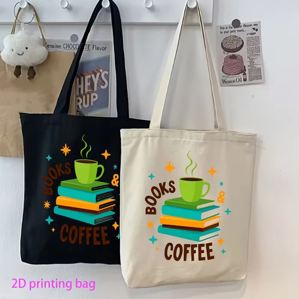 1-Piece Book-Shaped Coffee-Printed Reusable Shopping Bag, a Warm Gift Bag for Book Lovers, Featuring a Design of a Stack of Books and a Coffee Cup, Perfect for Coffee Enthusiasts Who Love Reading, Suitable for Library Trips and Everyday Errands