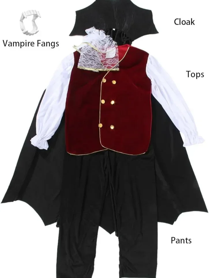 Kinder-Halloween-Teufel-Vampir-Kostüm, Mädchen-Gothic-Langkleid mit Horn-Stirnband, Dreizack, Kürbistasche, Cosplay-Party-Outfit – Detail 17