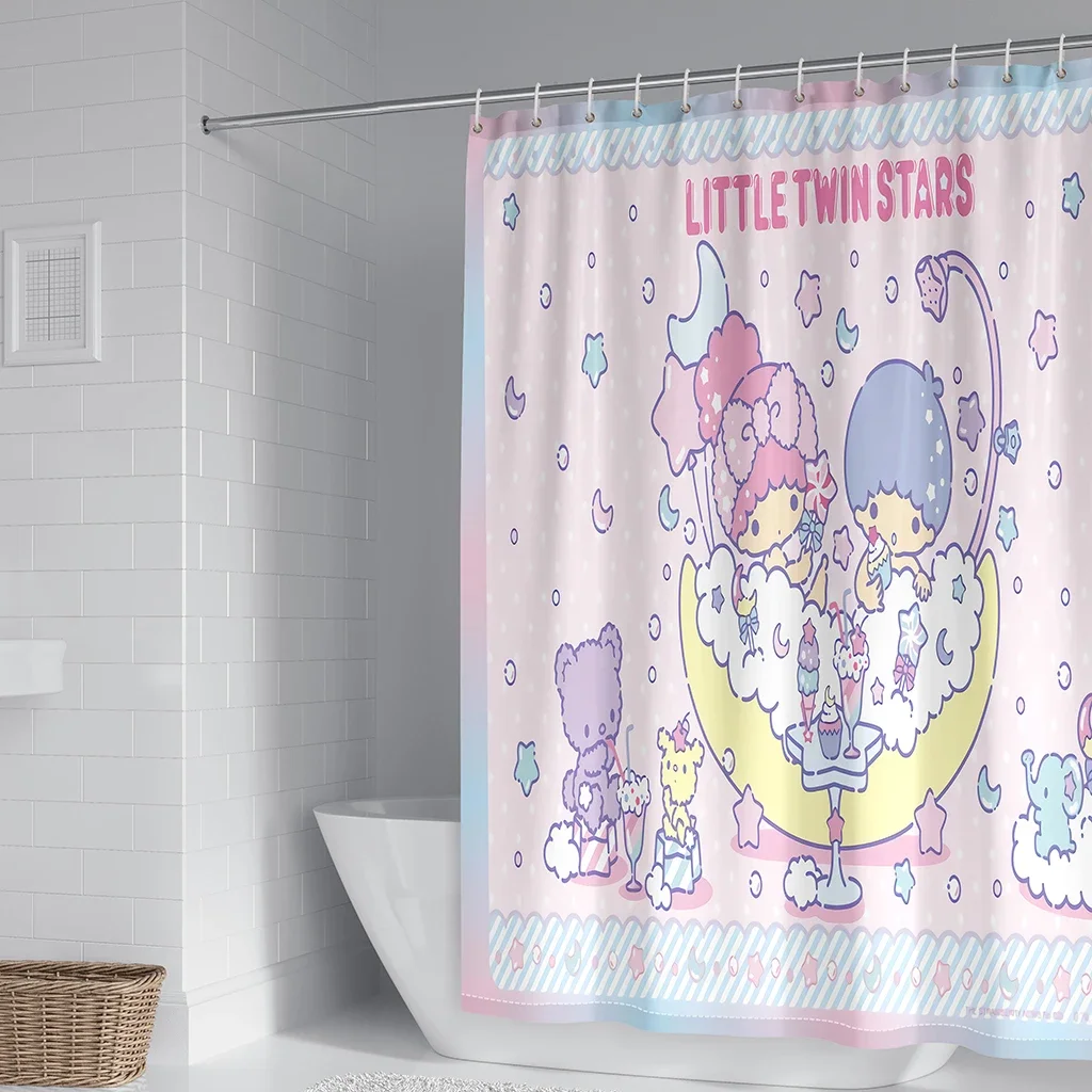 Sanrio LittleTwinStars Cortinas De Chuveiro Dos Desenhos Animados, Poliéster Impermeável, Decoração Cortina Divisória Do Banheiro, Kawaii, 60 Estilos, 180x180cm