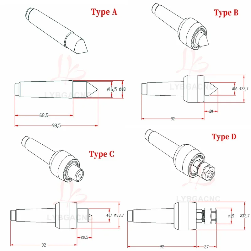 LY Lathe Live Center Activity Tailstock Tool MT2 for DIY Metal Wood Lathe Turning Accessories CNC Engraving Machine Tool