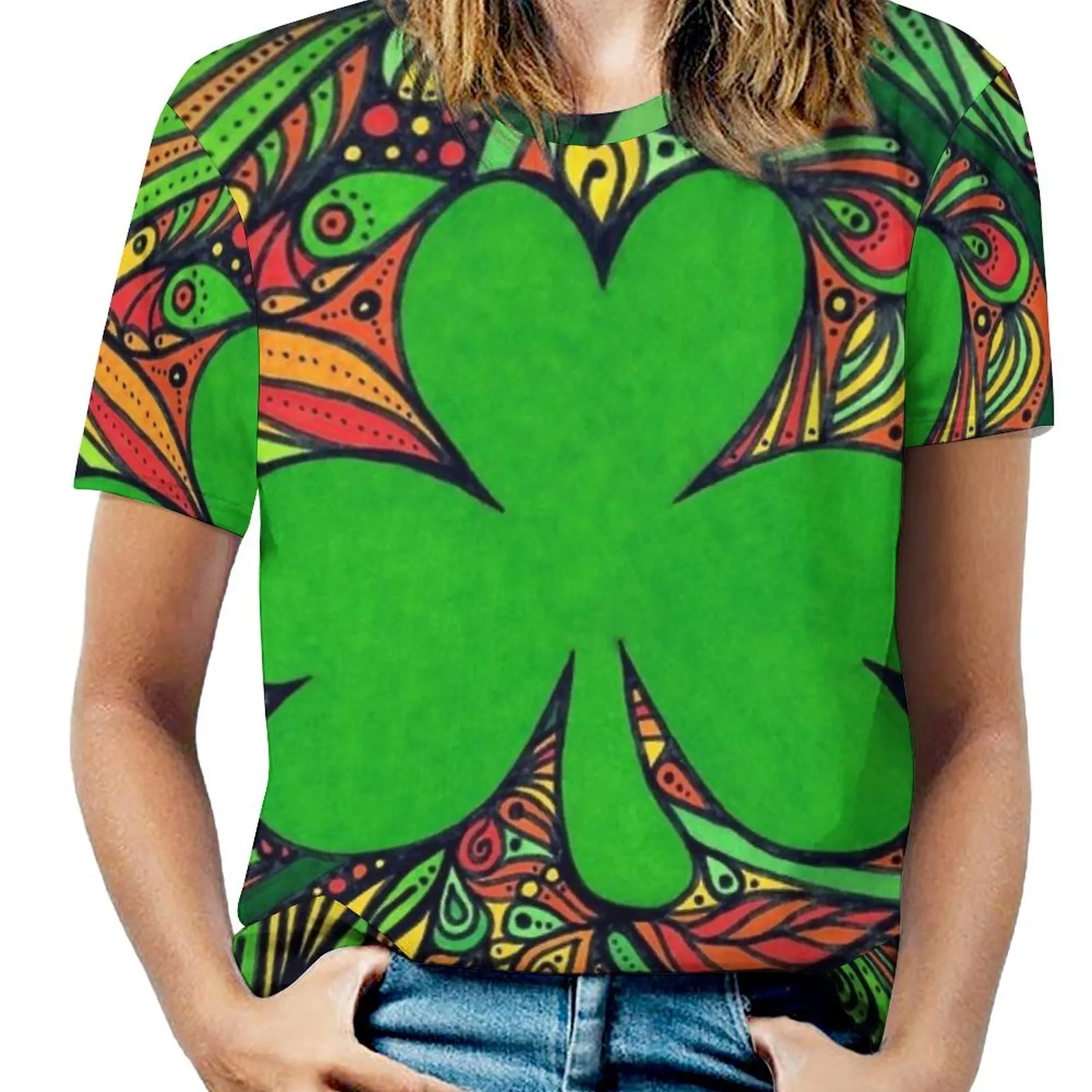 Irish Shamrock Women T-Shirt Crewneck Casual Short Sleeve Tops Summer Tees Shamrock Pen Hand Drawn Green Orange Doodle Fun