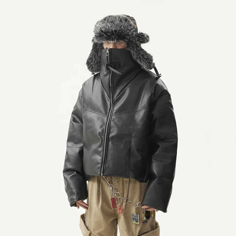 Pfnw americano vintage nicho design gola couro do plutônio algodão-acolchoado casaco para homem na moda quente inverno jaqueta de algodão para homem