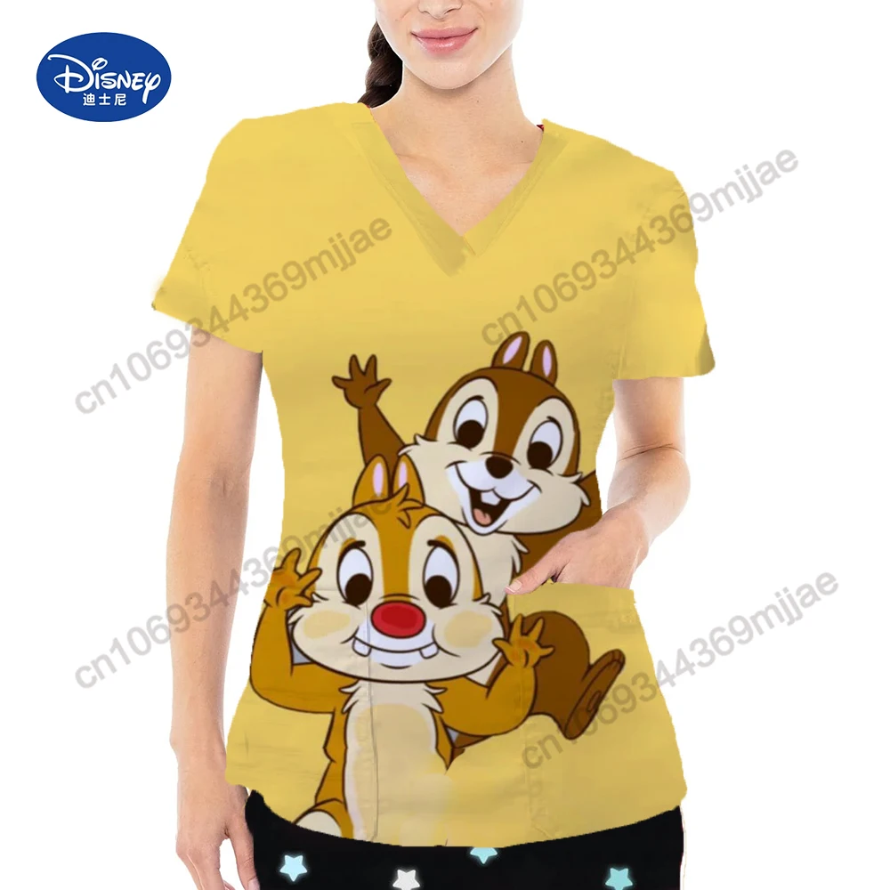 Disney Women\'s T-shirt for Women Clothing 2024 New Cartoon pattern Nurse Uniform Doubet Pocket Tops Y2k Design style T-shirt