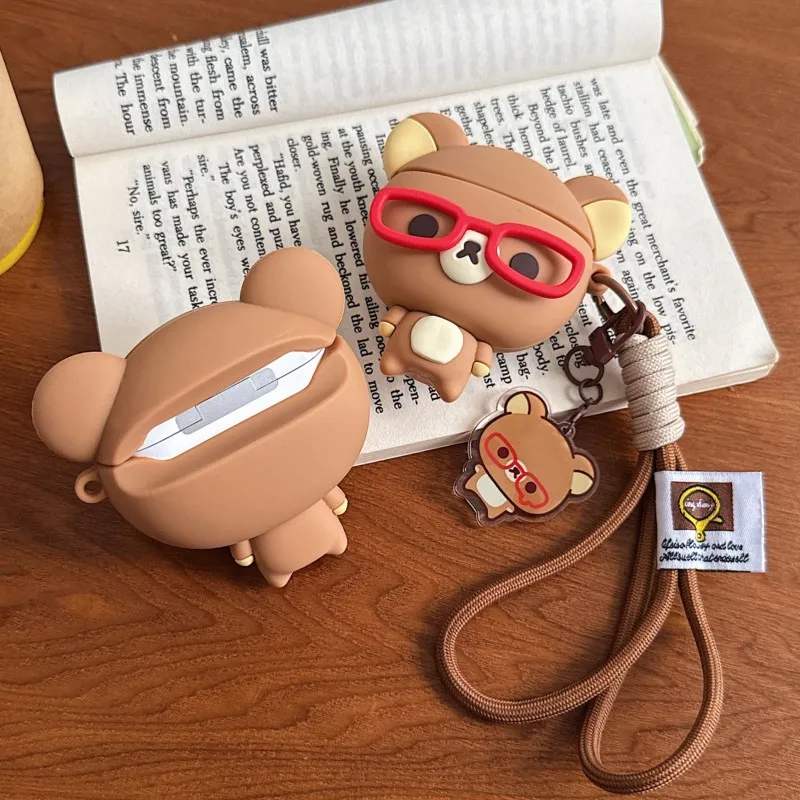 3D Rilakkuma Bear Glasses For AirPods Case Red Frame Silicone Cover with Strap Cute Kawaii Design for AirPods 4/3 Pro/Pro2/Pro3 view 4