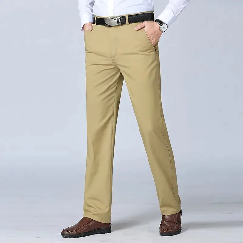 Mens Spring Summer Thin Suit Pants Middle-aged Cotton Slacks High Waist Straight Loose Solid Business Casual Father Dad Pants