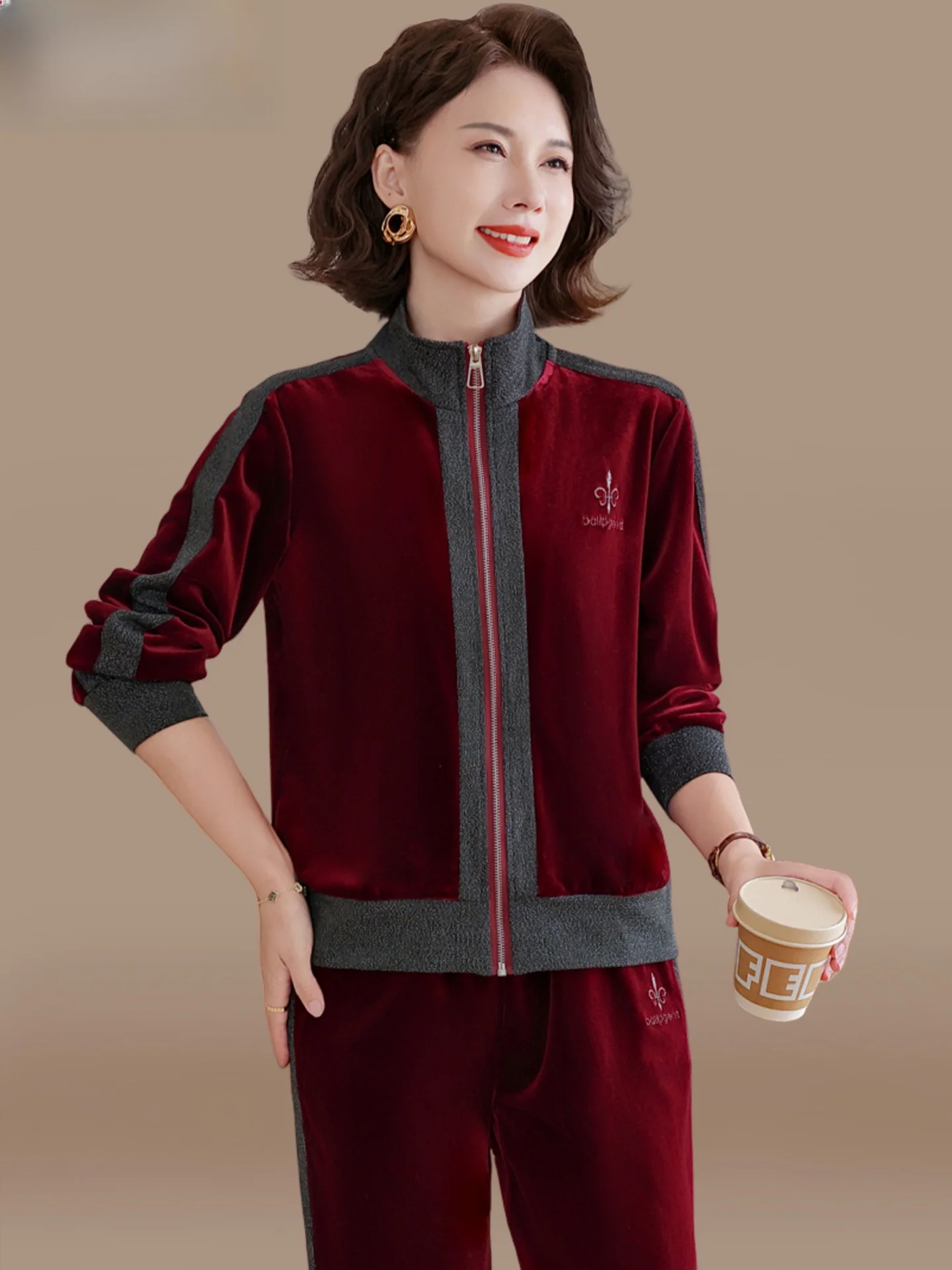 

Casual Velvet Sportswear Set for Middle-Aged Women Red Top Large Size Spring Autumn Faion Korean Sle Loose Fit Long Pants