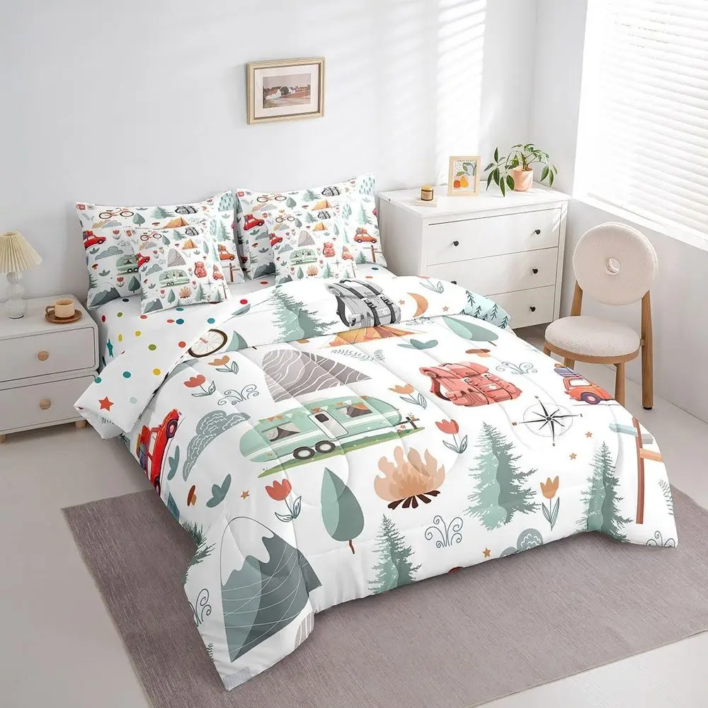 Twin Size Happy Camping Comforter Set with 7 Pieces, Botanical Flowers & Mountain Adventure Theme, Perfect for Travel and RV Use