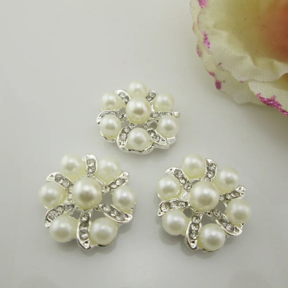 (BT320 20mm)5pcs Alloy Ivory Pearl Rhinestone Embellishment Flatback Baby Hair Buttons