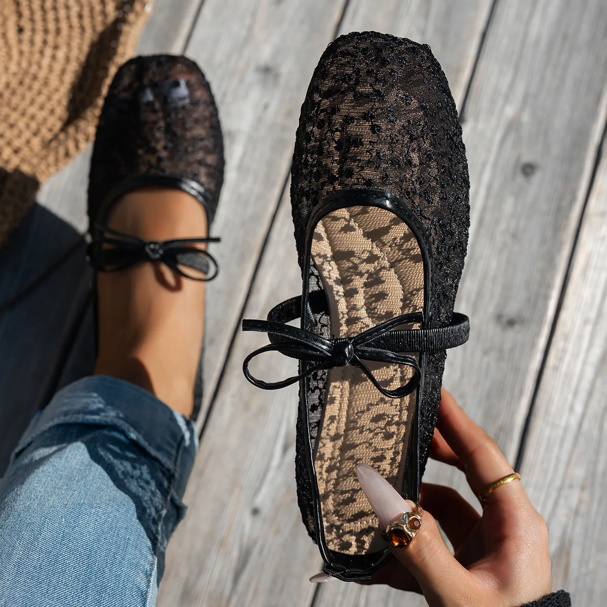 

2026 New Spring French Style Bow Shoes For Women Breathable Mesh Square Toe Mary Jane Flows Casual Fashion Footwear