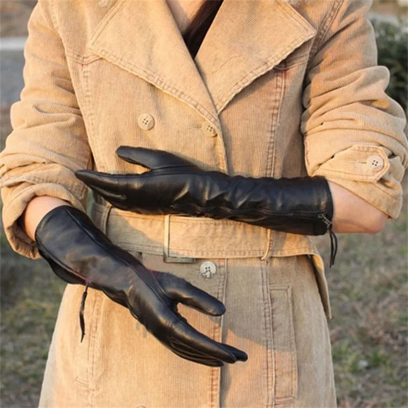 Guantes de piel de oveja auténtica para mujer, manoplas clásicas de 35cm de largo, con cremallera, a la moda, color negro, para otoño e invierno,