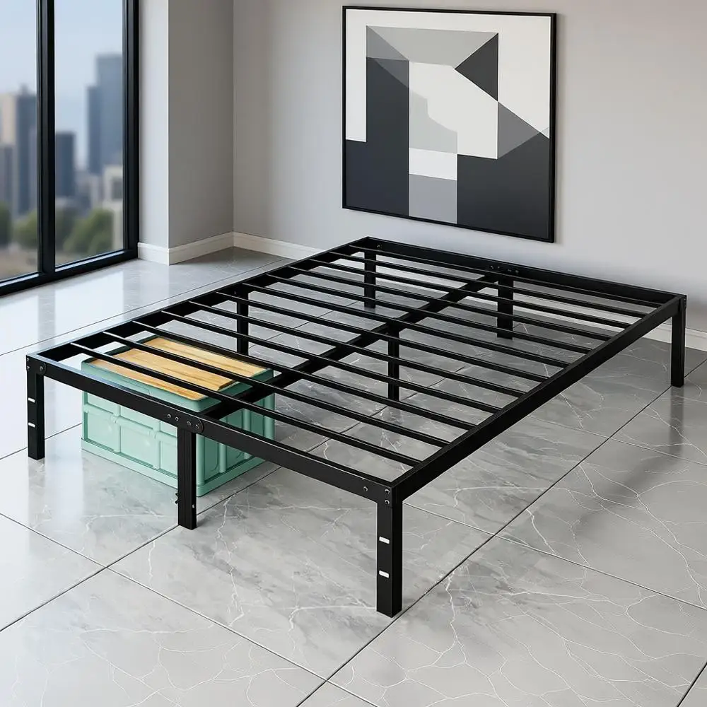 

Queen Size Metal Platform Bed - Heavy Duty with Storage, No Box Spring, 14 Height, Steel Slat Support