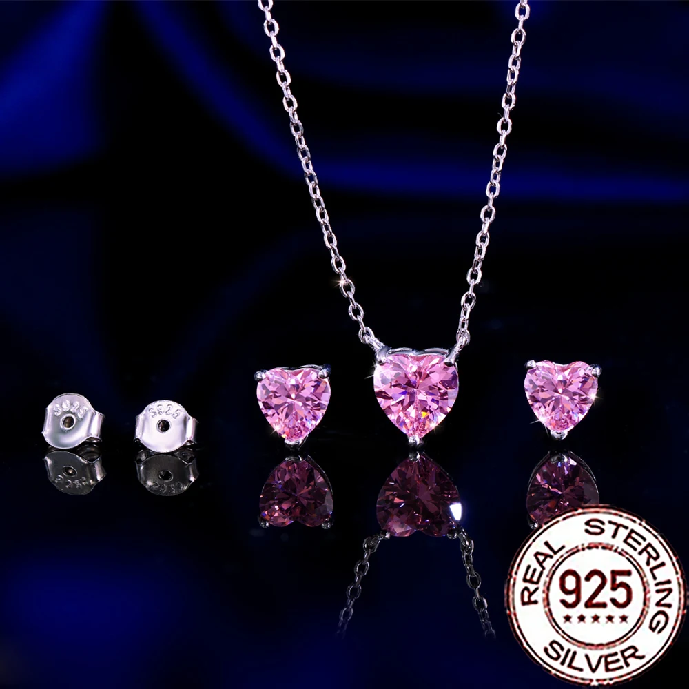 QooLady 925 Sterling Silver Fashion Pink Heart CZ Crystal Pendant Necklace 2Pcs Sets for Women Fine Wedding Party Jewelry ST029