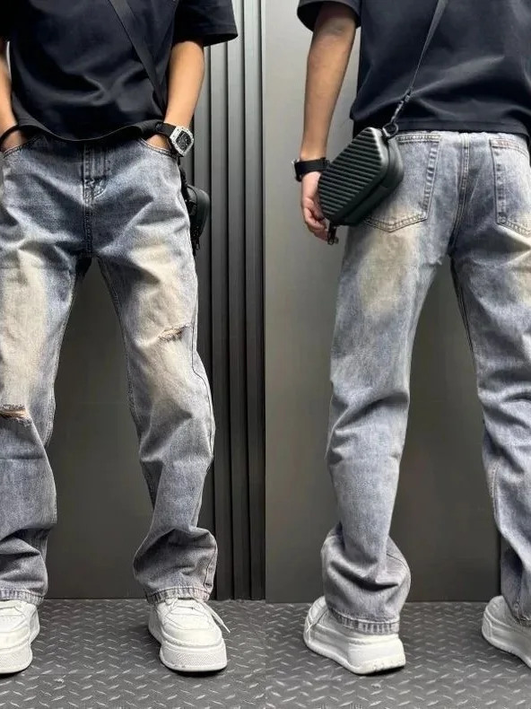 Spring Summer Slim Fit Vintage American High Street Loose Jeans Destructed Slimming Drapey Design Straight Leg Pants
