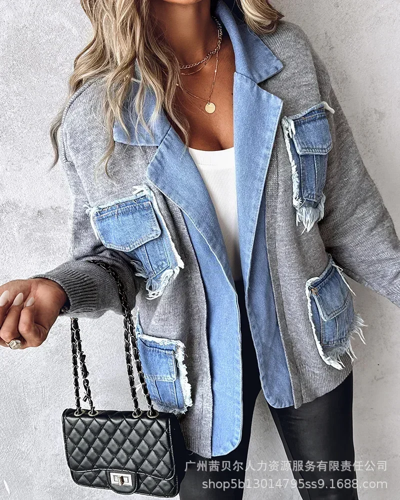 Rauwe Zoom Vest Vrouwen Truien Patchwork Gekerfde Kraag Gebreide Denim Jacks Truien Zakken Dikke Jassen Herfst Winter Outwear