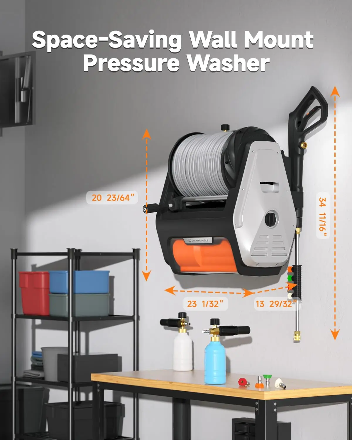 3700PSI Retractable Wall Mounted Electric Pressure Washer, 1.6GPM, Automatic Rewind, Custom