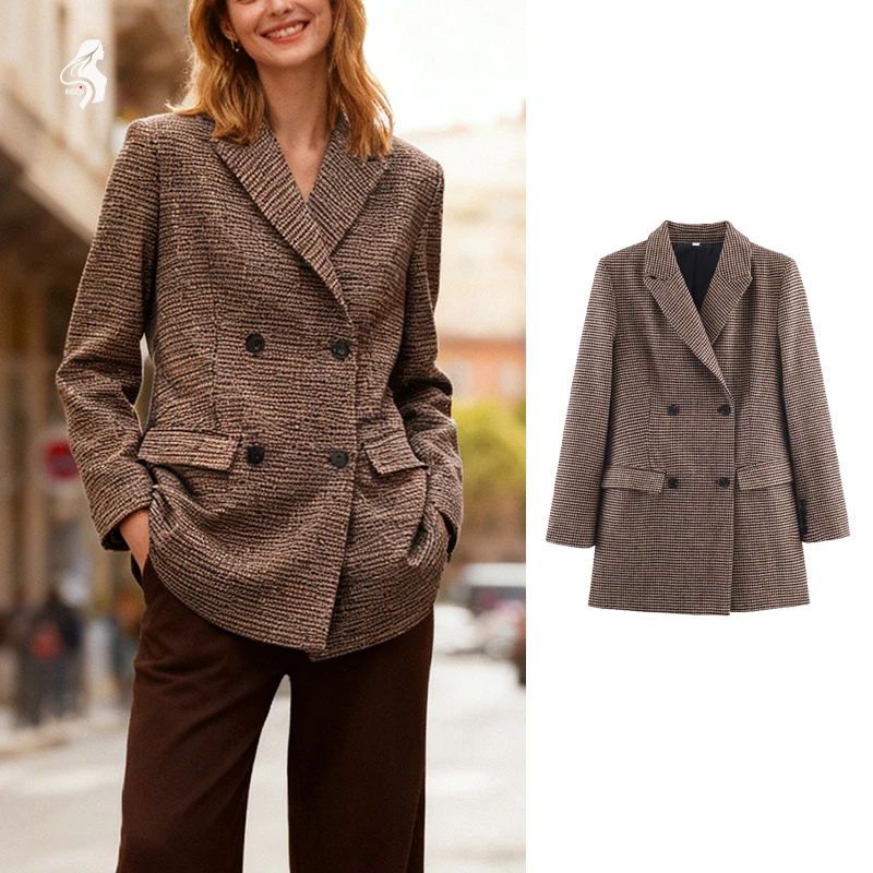 

Womens Houndstooth Wool Double Breasted Blazer Mid Length Autumn And Winter Commuter Elegant Coat Woman Clothes Tops Trafizaran