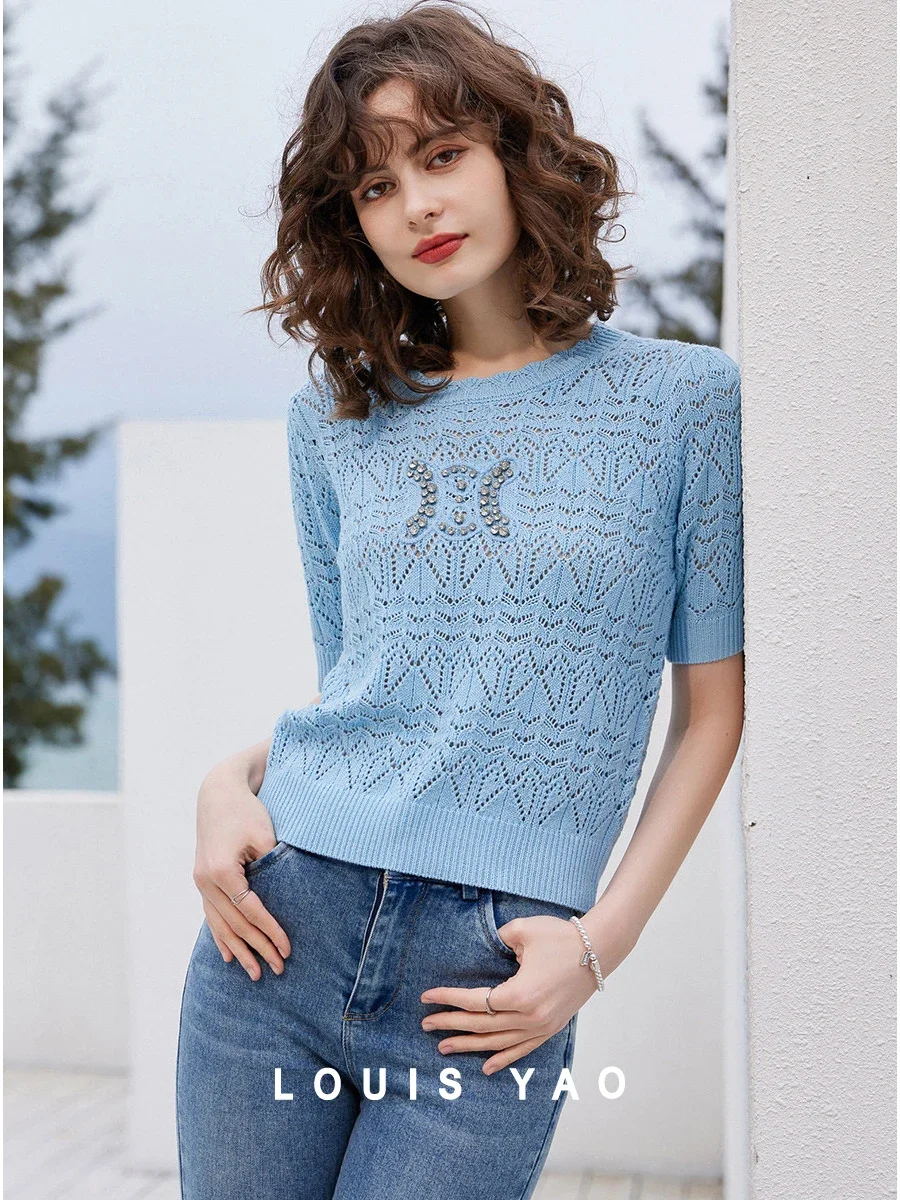 

LOUIS YAO Women Knitwear T-shirt 2024 Summer Tee Beading Hollowing Out Round Neck Short Sleeve Casual Fashionable Pullover Top