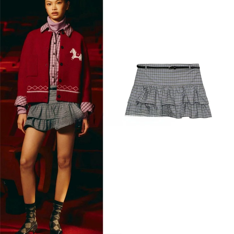 

Spring New Women's Checkered Skirt Pants with Belt Short-Style Underwear Layered Decoration Standard Fit A-Line Skirt
