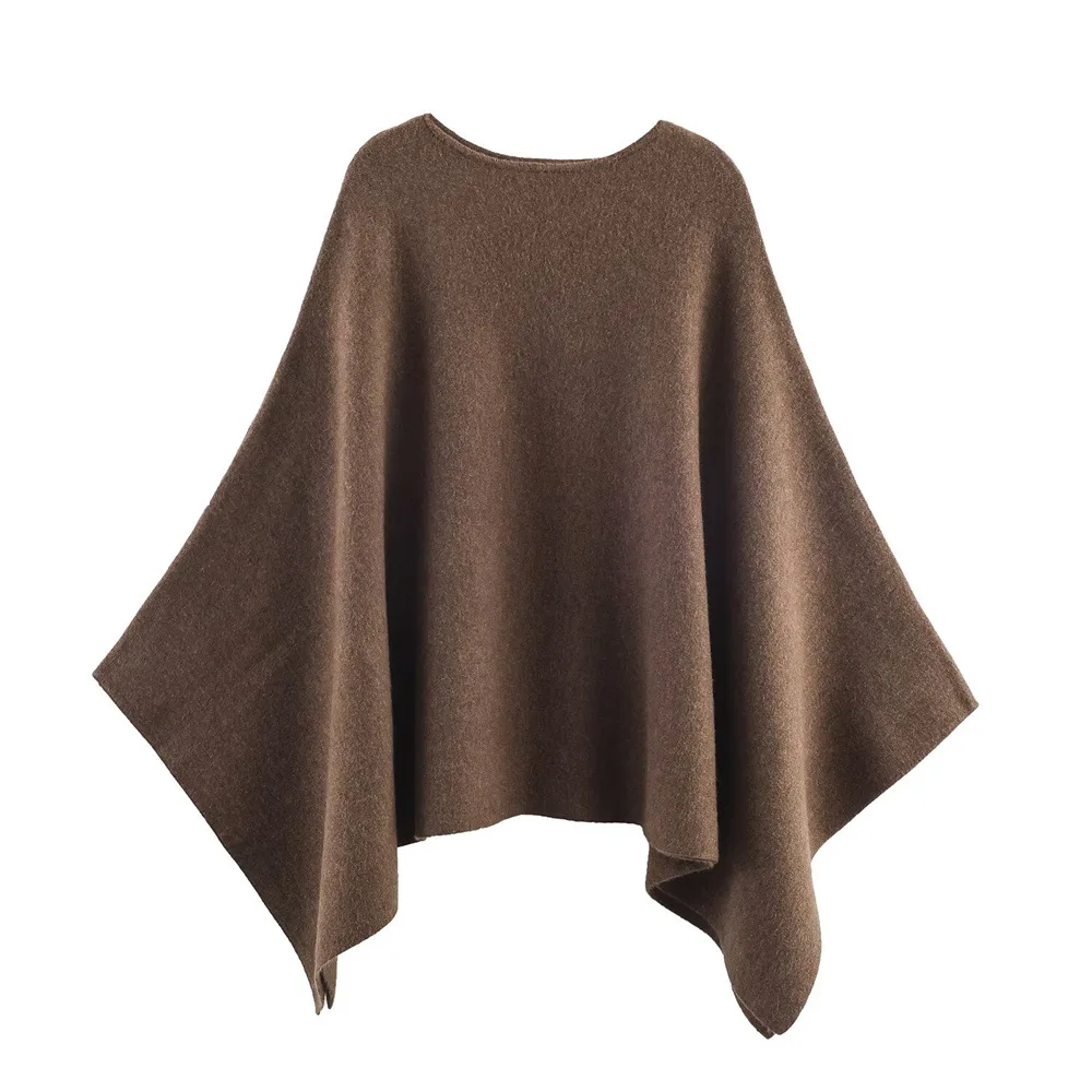2026 women's new fashion oversized loose version of the round neck cape sweater solid color bat sleeve sweater
