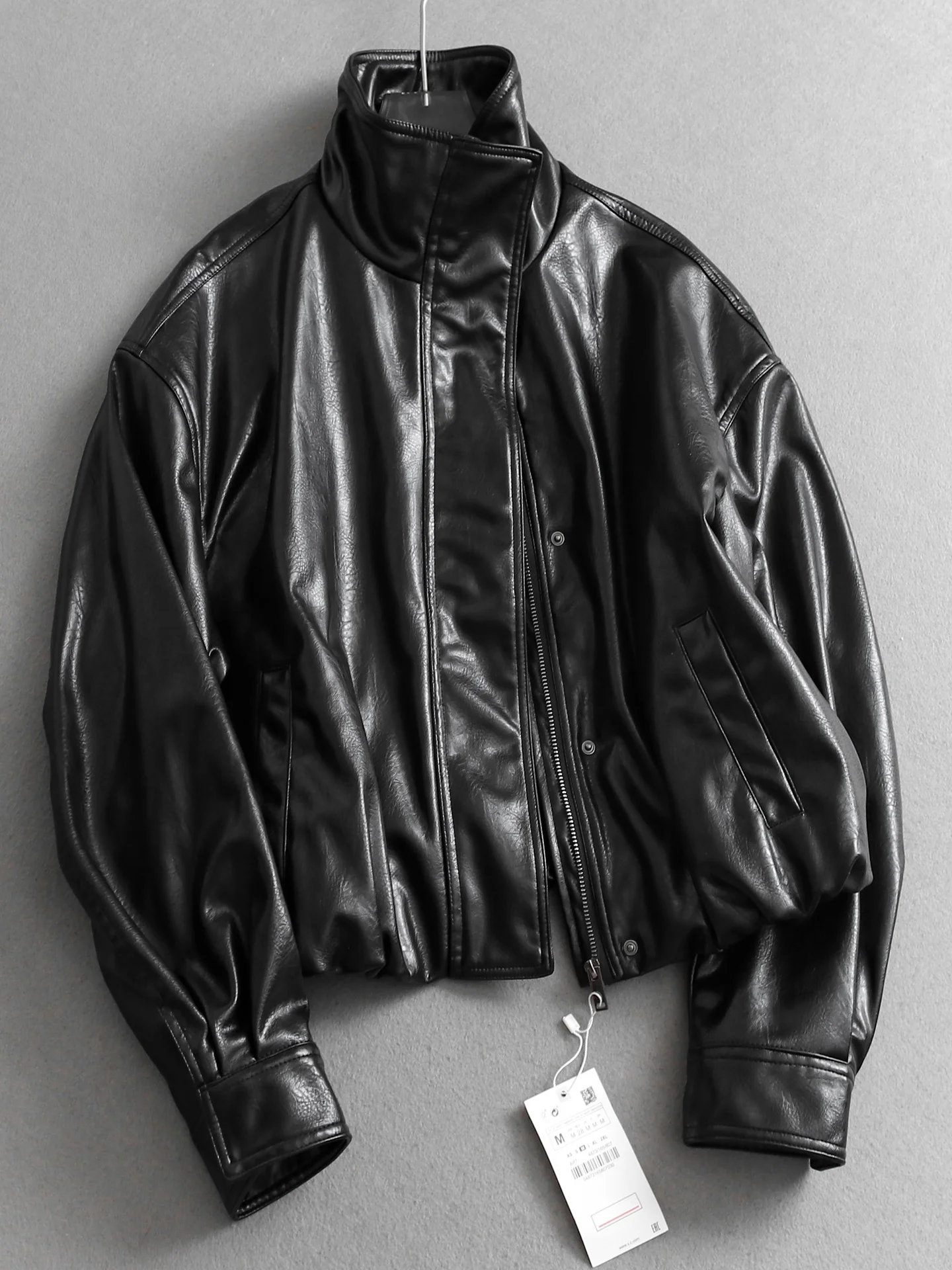

Retro Color Stand Collar Elastic Hem Loose Motorcycle Jacket Long Sleeve Faux Leather Coat Women's Leather Jacket W095