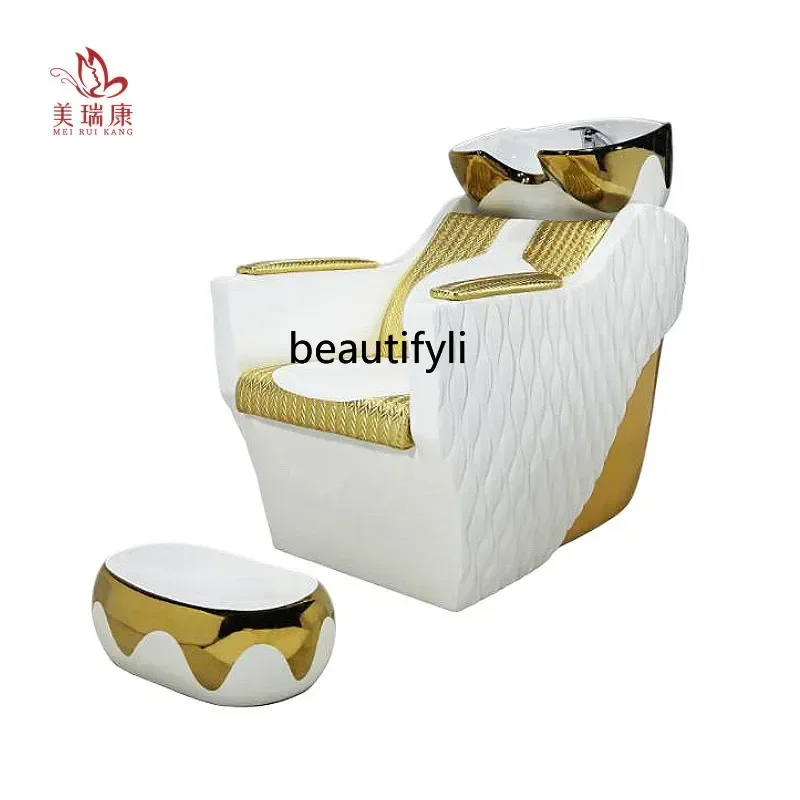 

z1Lying Half Shampoo Chair Barber Shop Ceramic Basin Flushing Bed Massage Couch Hair Salon with Pedal