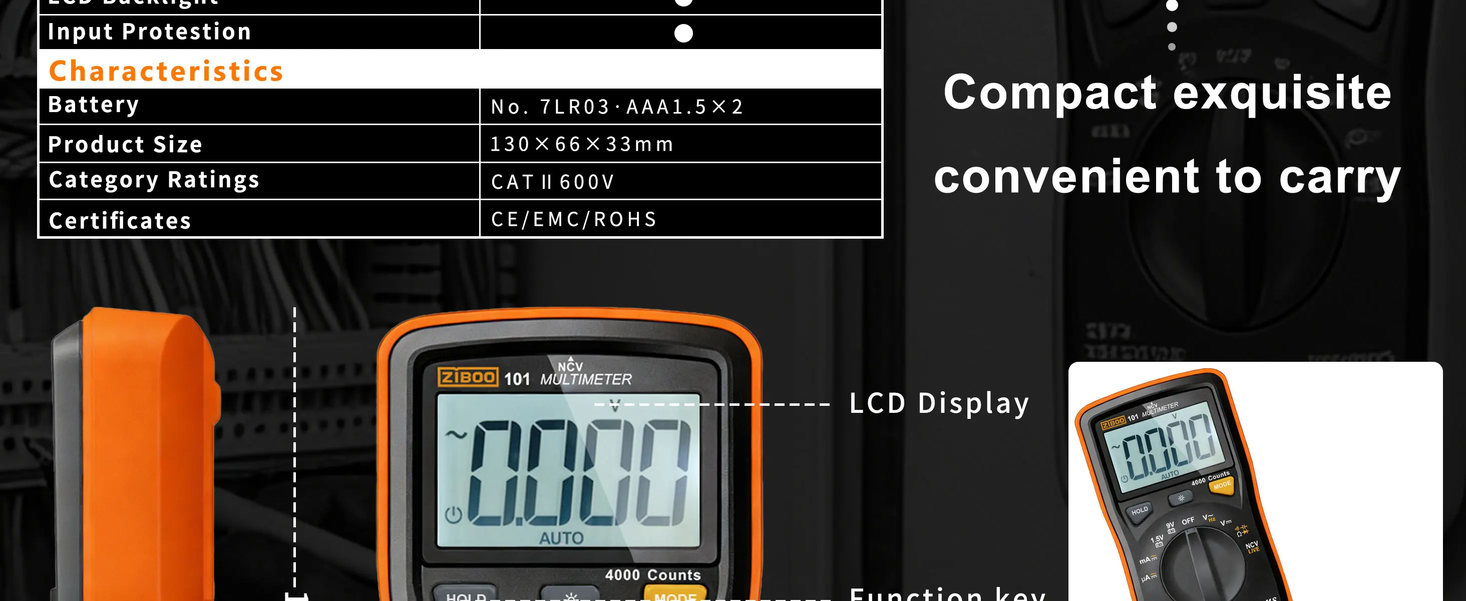ZIBOO 101 Mini-Digitalmultimeter, TRMS 4000 Counts, automatische Bereichswahl, Taschen-Voltmeter, Multitester für AC/DC-Spannung und -Strom. – Detail 6