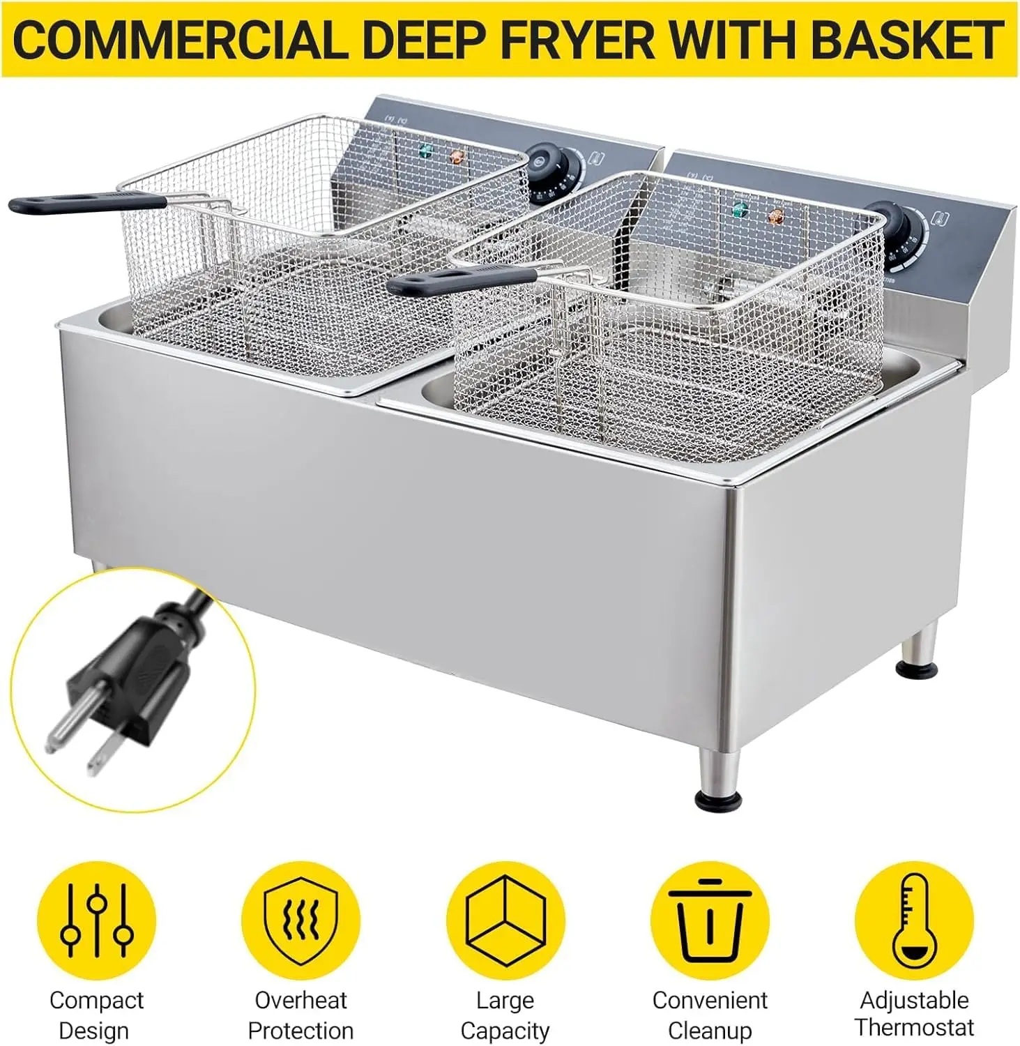 23.2QT/22L Commercial-Grade 3400W Deep Fryer- 304 Stainless Steel Electric Fryer with 2 Extra-Thicker Baskets, Splash Guard Lid