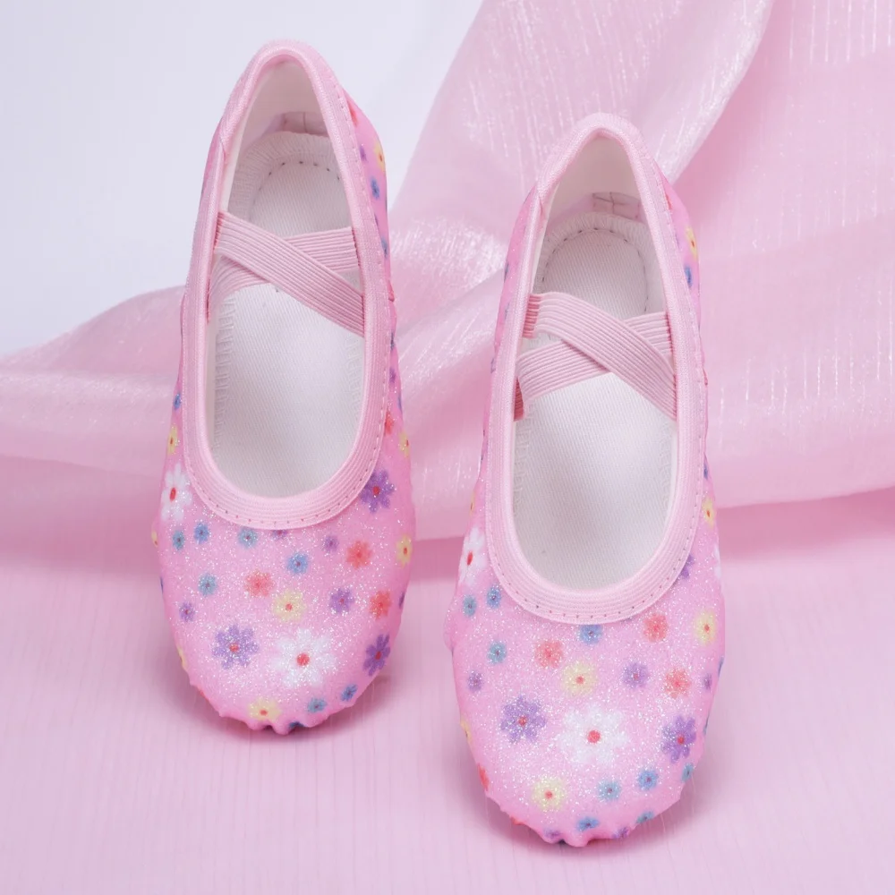 Shining Glitter Pink Little Flower Children's Dance Shoes Cross border New Product Girls Practice Dance Shoes Ballet Cat Claw Sh
