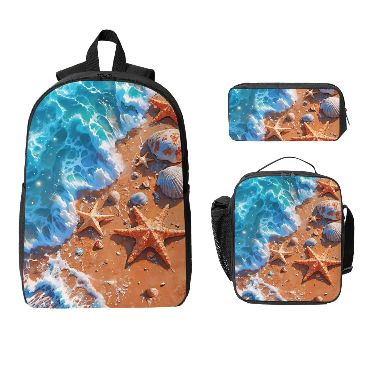 Shell With Beach Blue Printed Backpack Student BookBag School Bag Laptop Shoulder Bags 3ps Insulated Lunch Bag Pencil Case