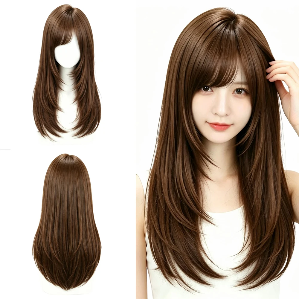 Face Framing Layered Wig Milk Tea Brown Medium Long Straight Wig With Side Bangs Natural Looking Synthetic Hair For Women Daily