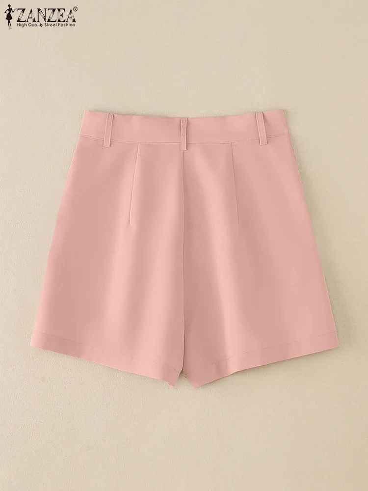 2025 zanzea verão shorts feminino elegante cintura alta trabalho ol calças casuais botão sólido pantalon elegante férias palazzo oversize
