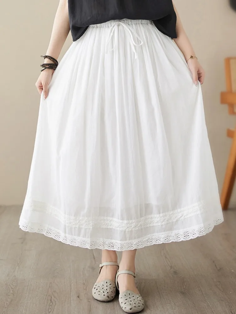 Lightweight Breathable Embroidered Double Layered Flax A-Line  Skirt Women Summer Elastic Waist Long Skirt