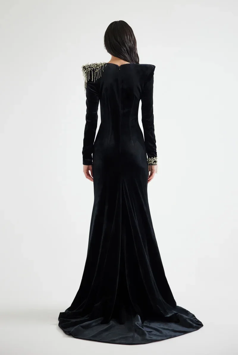 HIGH STREET Newest Fashion 2026 Designer Maxi Dresses Women\'s  Long Sleeve Luxurious Beaded Acetic Velvet Long Maxi Dress