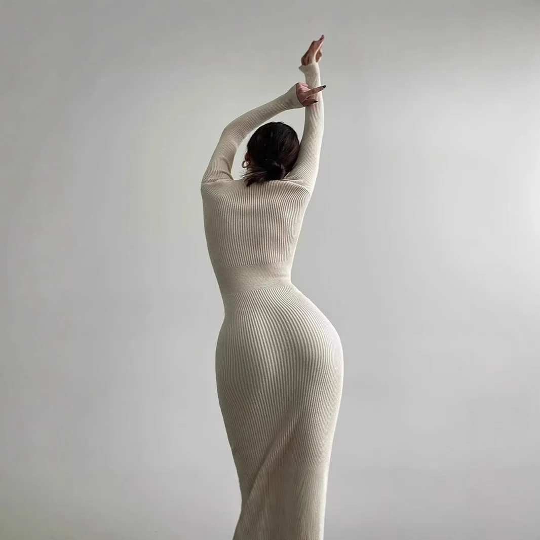 Vestido de tricô feminino 2025 outono inverno novo vestido de camisola de comprimento médio feminino preto gola alta vestido de malha fino para camadas