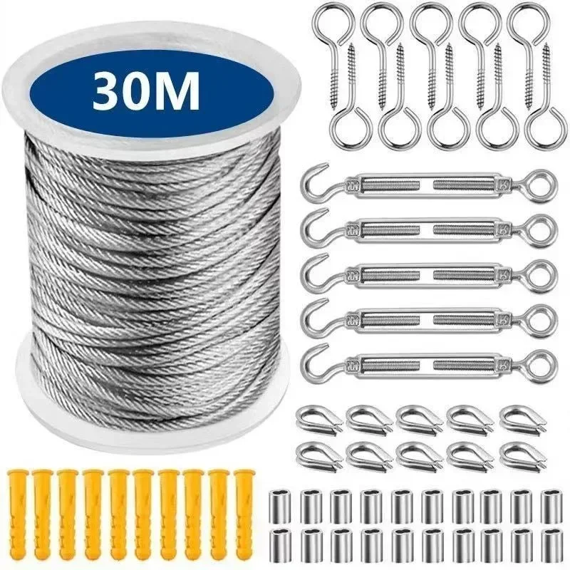 15/25/30/50 Meters Turnbuckle Wire Tensioner Kit with Vinyl Coated Stainless Steel Cable Wire Rope Turnbuckles Strings Light