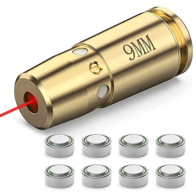 

Red Laser Bore Sight 9mm Sighting Boresighter with 8 Batteries Sturdy Brass Construction Easy Zeroing