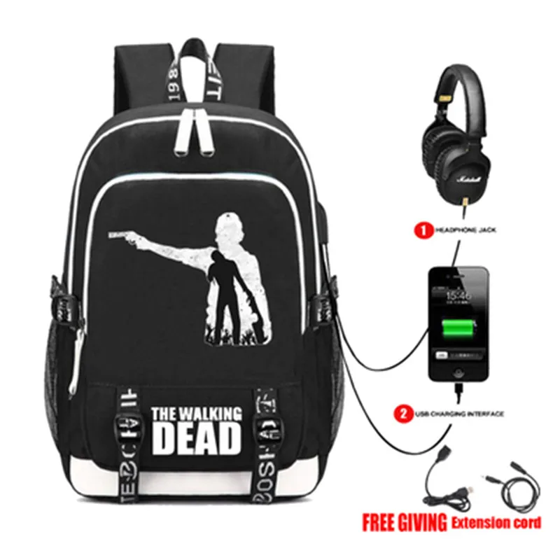 

THE WALKING DEAD Backpack Rucksack Bag w/ USB Fashion Port/ Headphone interface Students Book Laptop bag