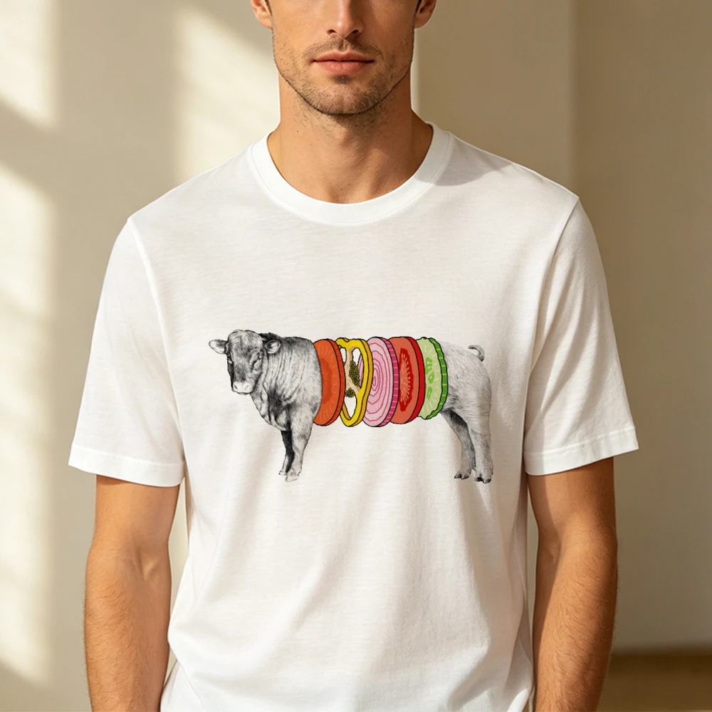 Creative Bull Sandwich Sliced Vegetable Surreal Graphic Men Summer T Shirt Unique Meat Burger Art Casual Short Sleeve Tee