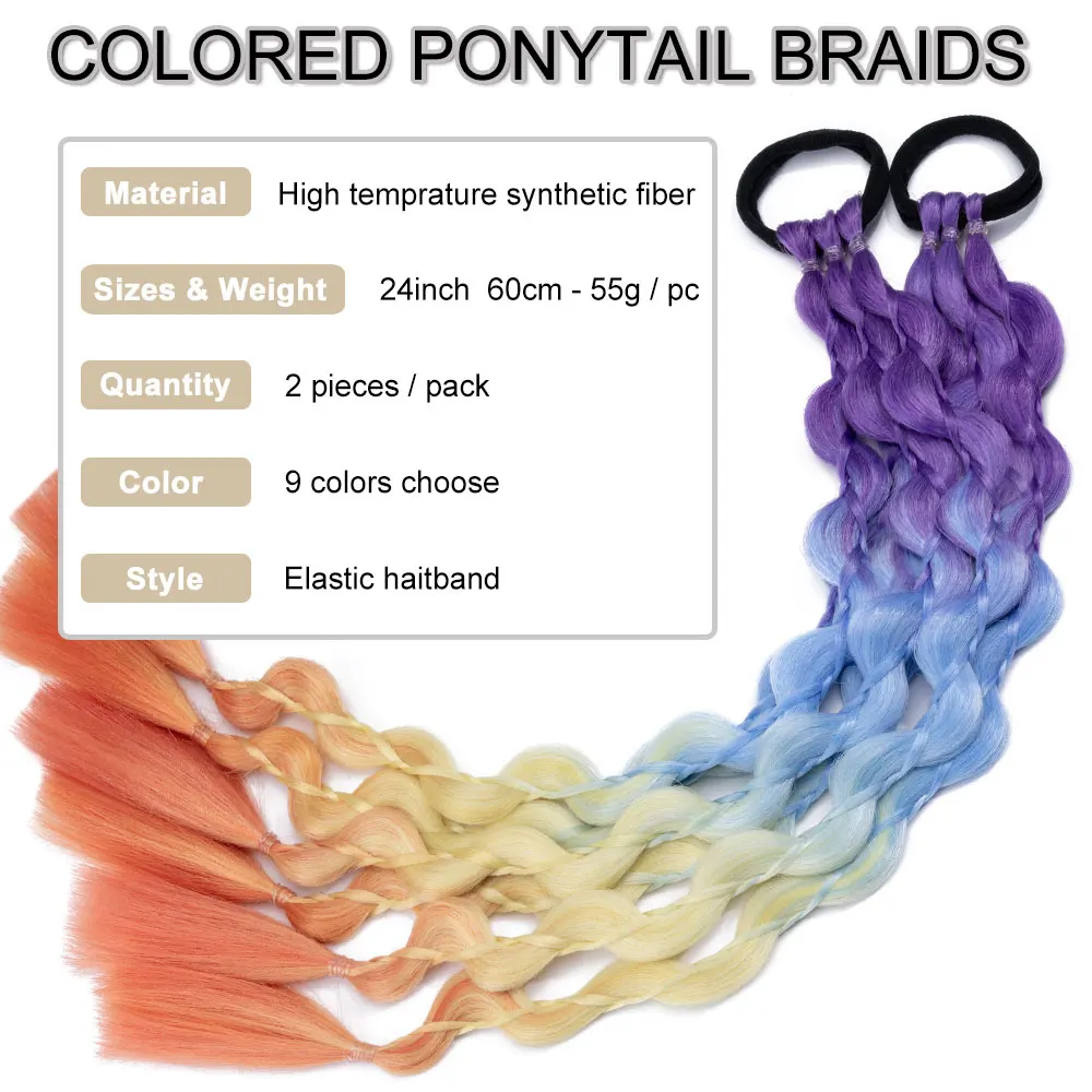 Snoilite Synthetic Rainbow Ponytail Hair Extensions Color Double Braided Ponytail with Rubber Bands Hairpieces 24inch 2Pcs/Pack