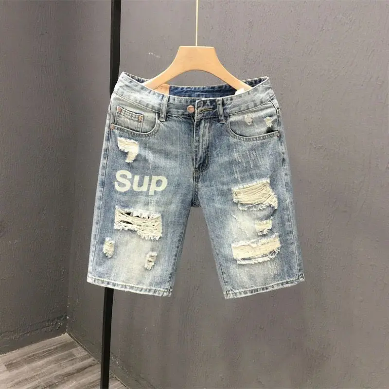 Fashion Vintage Korean Men\'s Summer Denim Shorts with Distressed Holes Slim Fit Distressed Holes Designer Luxury Clothing Men