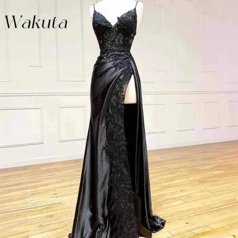 Wakuta-Robe de Soirée Longue Sexy à Col en V, avec Bretelles, en Maille Ajustée, pour Banquet Floral, Mariage, Commémorative