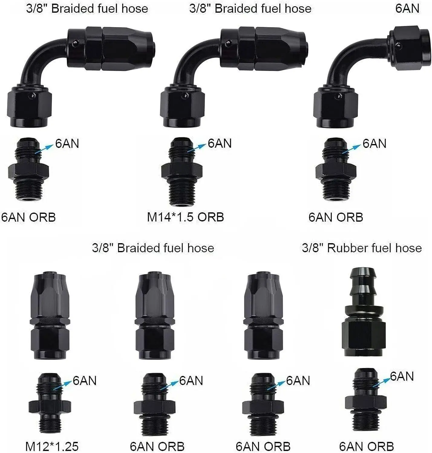 Universele verstelbare brandstofdrukregelaarset 100 psi Guage AN6 fitting zwart