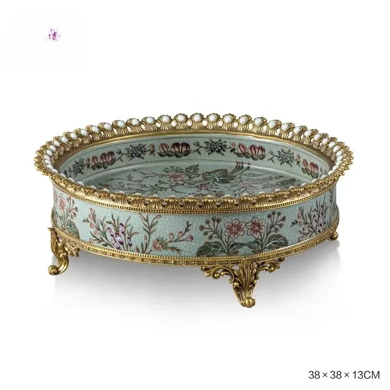 Light luxury French round tray hand-painted flower pattern, brass porcelain fruit bowl tabletop wedding home decoration