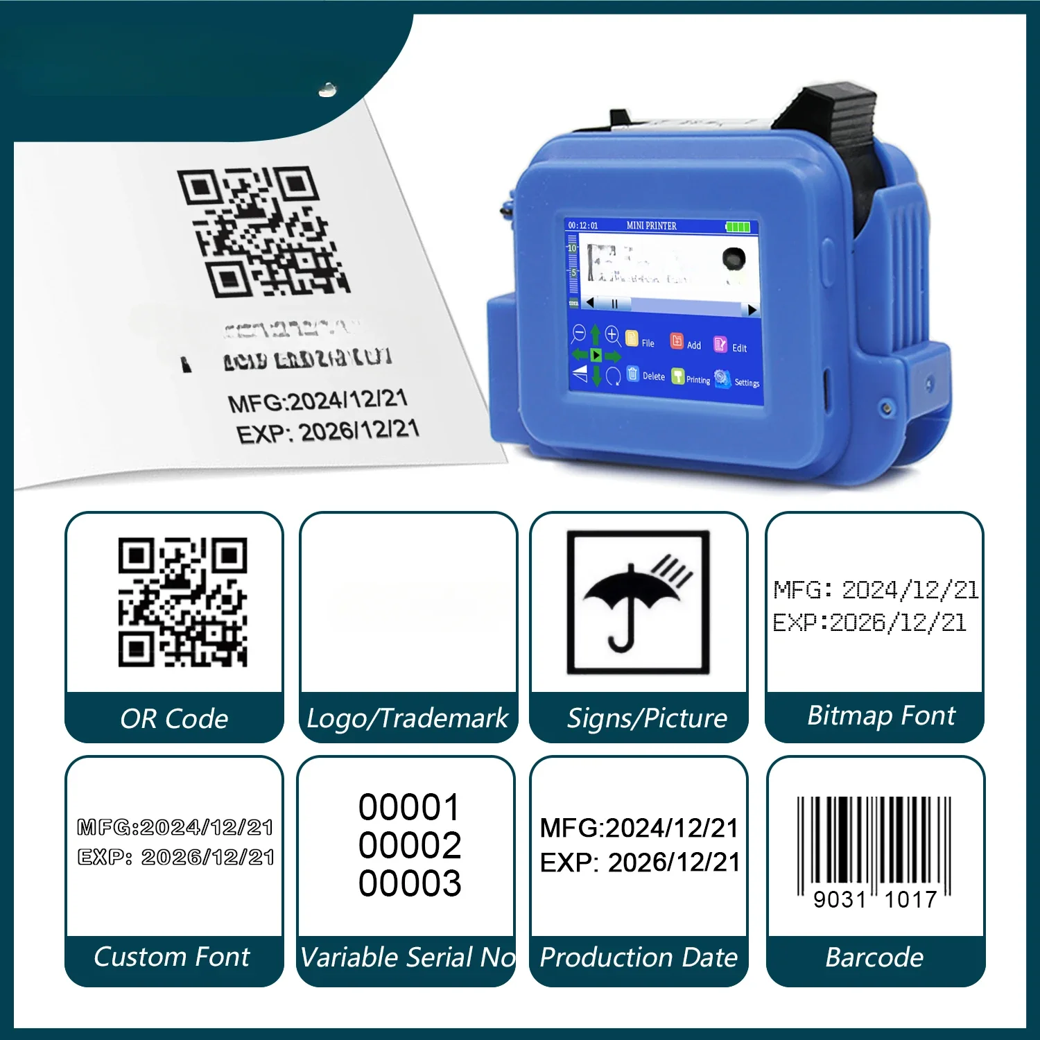 

PC13plus 12.7mm Mini Printer Portable Printer QR Bar Batch Code Date Number Logo Expiry Handheld Inkjet Printer Label