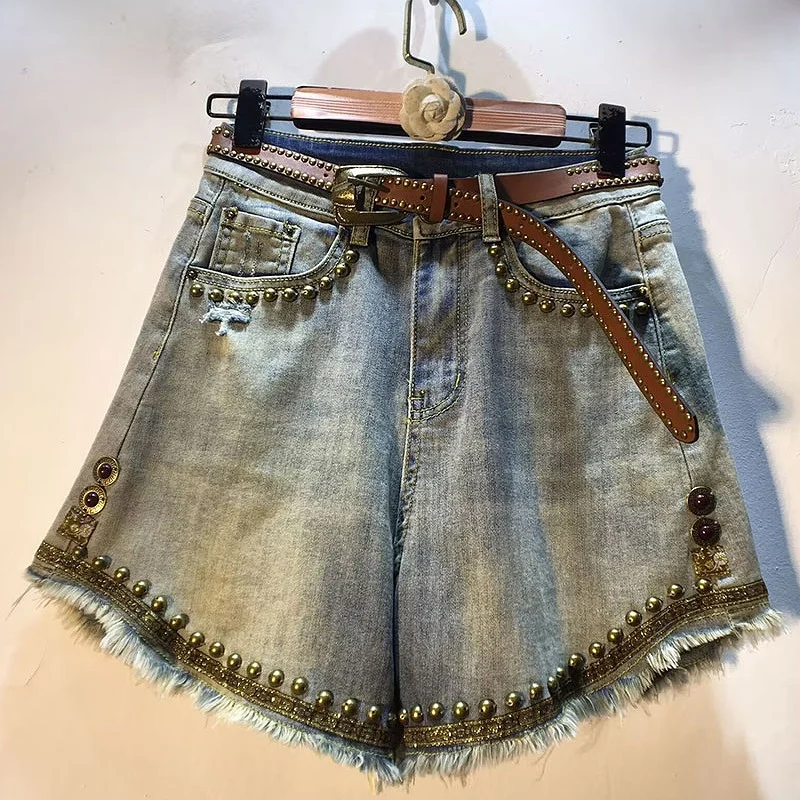 

Джинсы с высокой талией и широкими штанинами, женские брюки с заклепками, летняя мода ручной работы для похудения, жаркое лето, синяя смесь хлопка и полиэстера