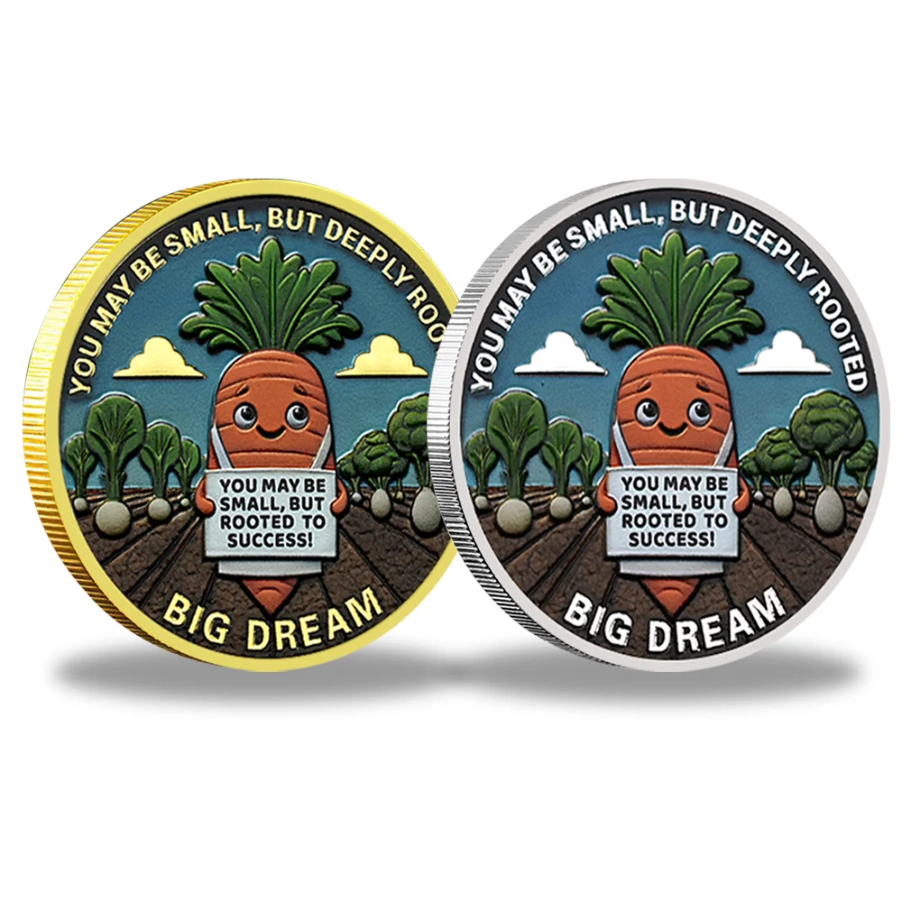 

Zinc Alloy Commemorative Coins with 3D Carrot Relief – Inspirational ‘Small But Deeply Rooted’ Message, Cute Vegetable Medals