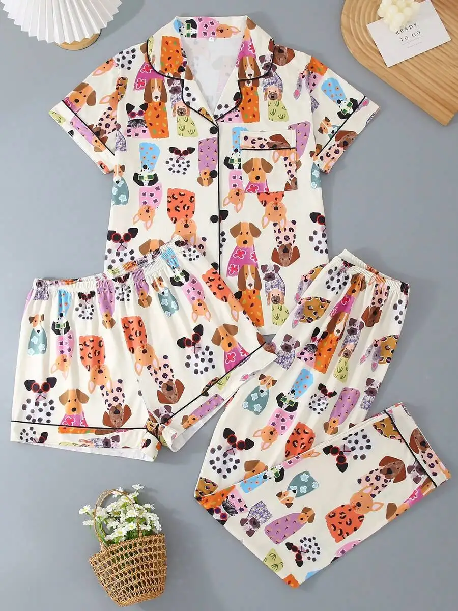 

3pcs Women Summer Short Sleeve Pajama Set With Shorts And Long Pants Cartoon Dog Print Loose Fit Sleepwear